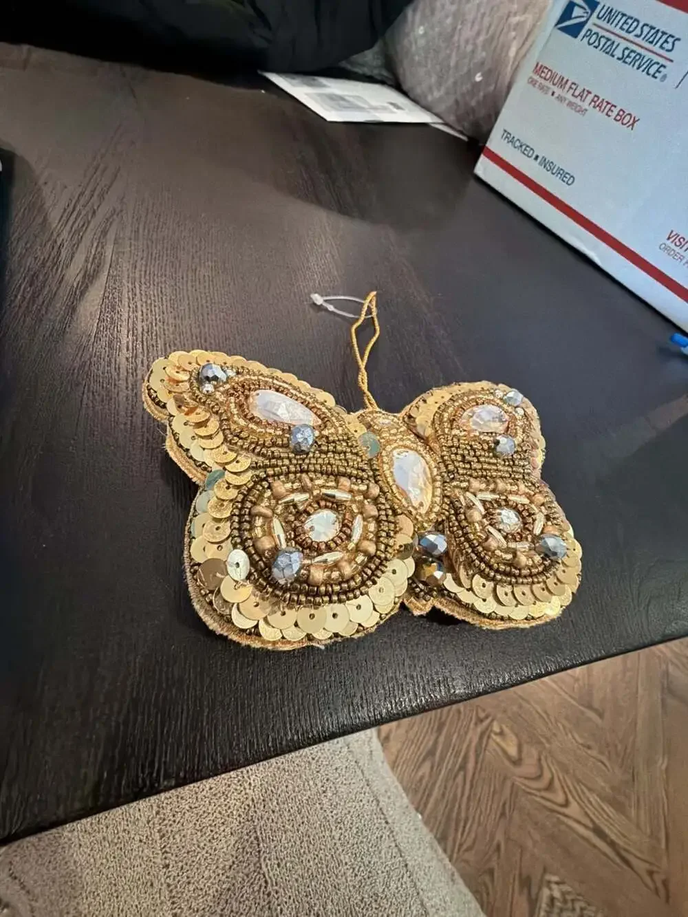 West Elm Beaded Butterfly Christmas Ornament Gold Sequin Rhinestone NEW
